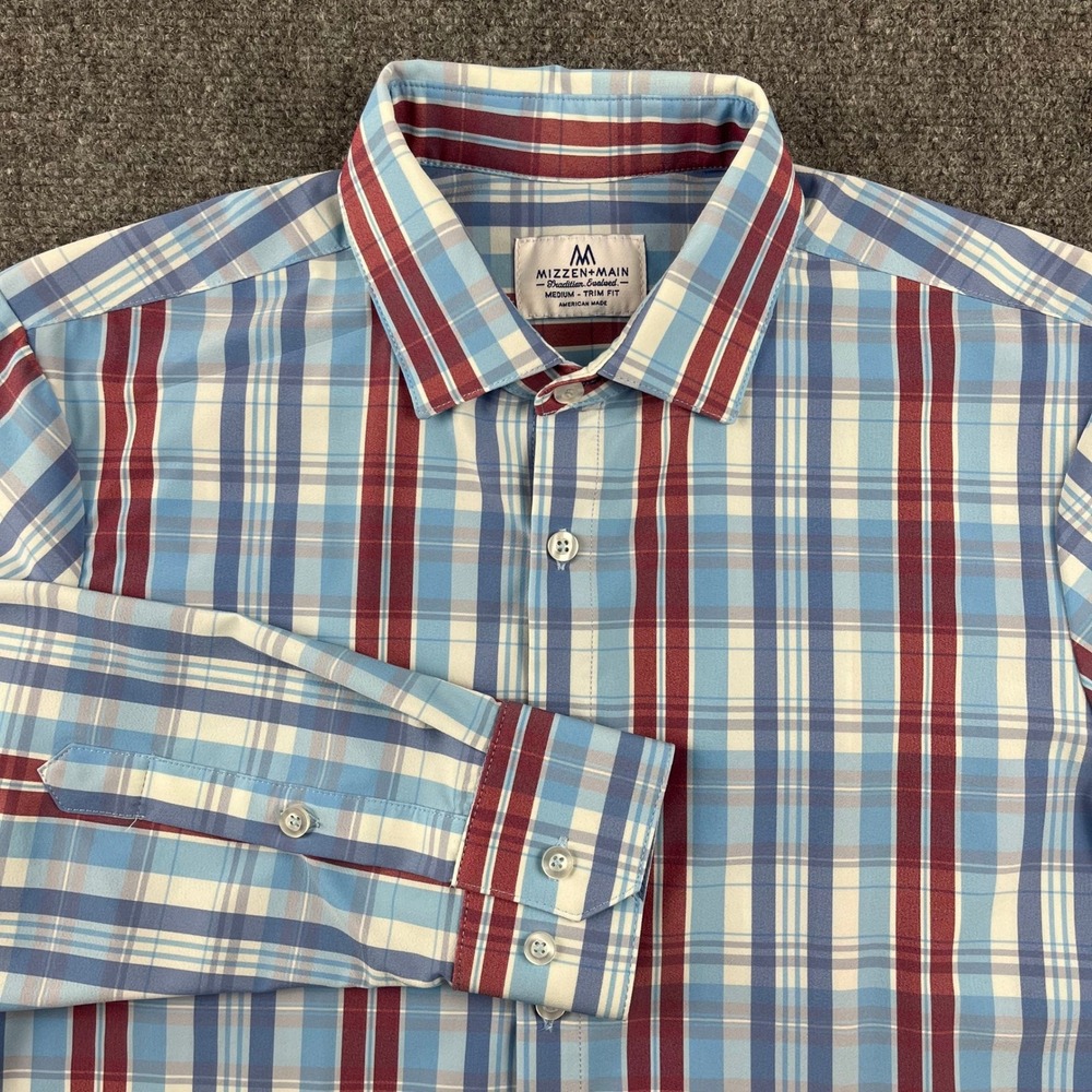 Mizzen+Main Mens Medium Trim Fit Plaid Performance Dress Shirt Blue Red Leavitt